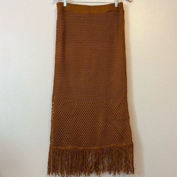 House of Harlow 1960 Crochet Fringe Midi Skirt Burnt Orange Large Boho Retro 70s - Picture 3 of 10